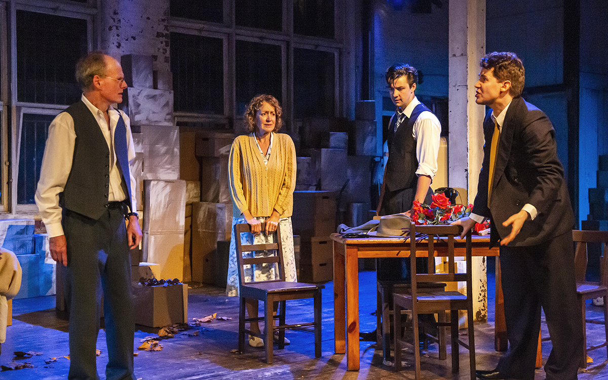 Paul English, Margot Knight, Ross Dwyer, and Charlie Cousins in <em>Death of a Salesman</em> (photograph by Ben Andrews)